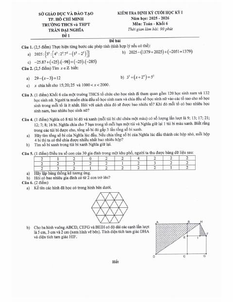 Đề thi Học kì 1 Toán 6 năm 2025-2026 trường THCS và THPT Trần Đại Nghĩa (TP Hồ Chí Minh)